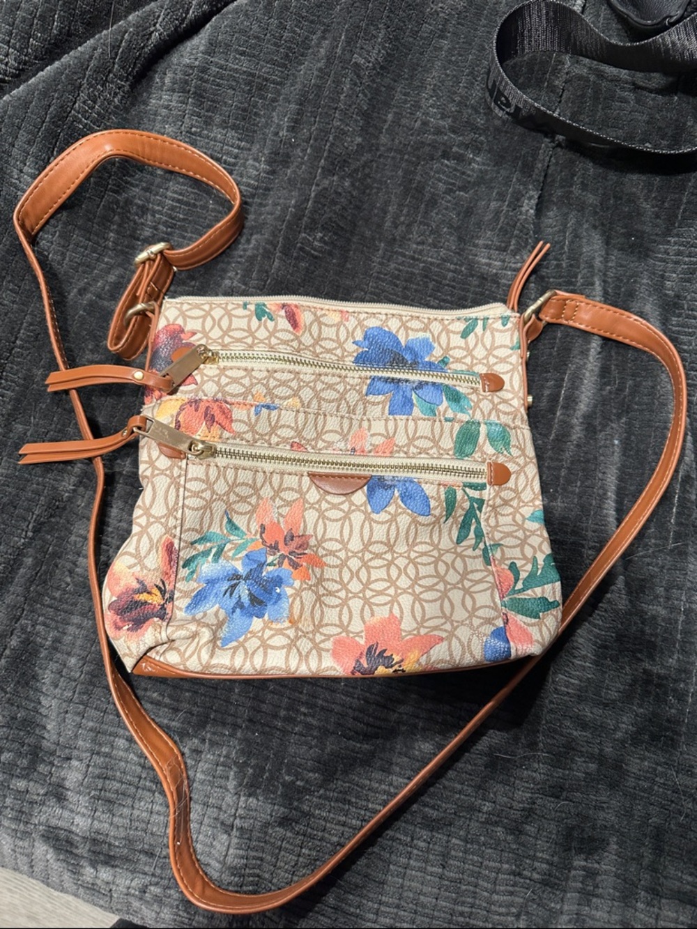 Floral Beige Crossbody Bag with Tan Trim